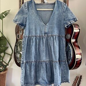 H&M Light Blue Denim Tiered Dress
